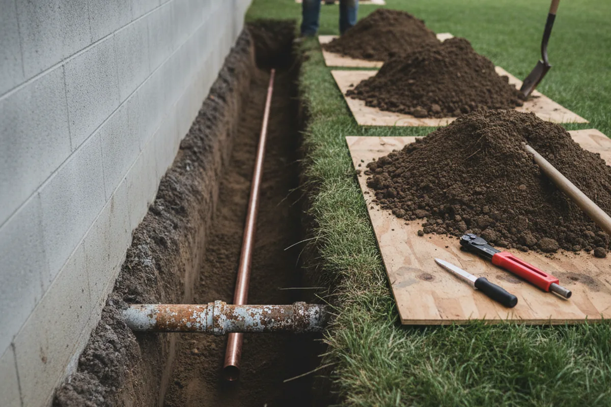 Excavated water line trench during Water Heater Repair in South Carver